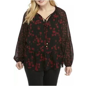 Michael Kors Black Red Rose Print Lined Lightweight Long Sleeve Chiffon Blouse L